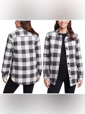 Eddie Bauer Gray and White Quilted Flannel Button-Down Jacket
